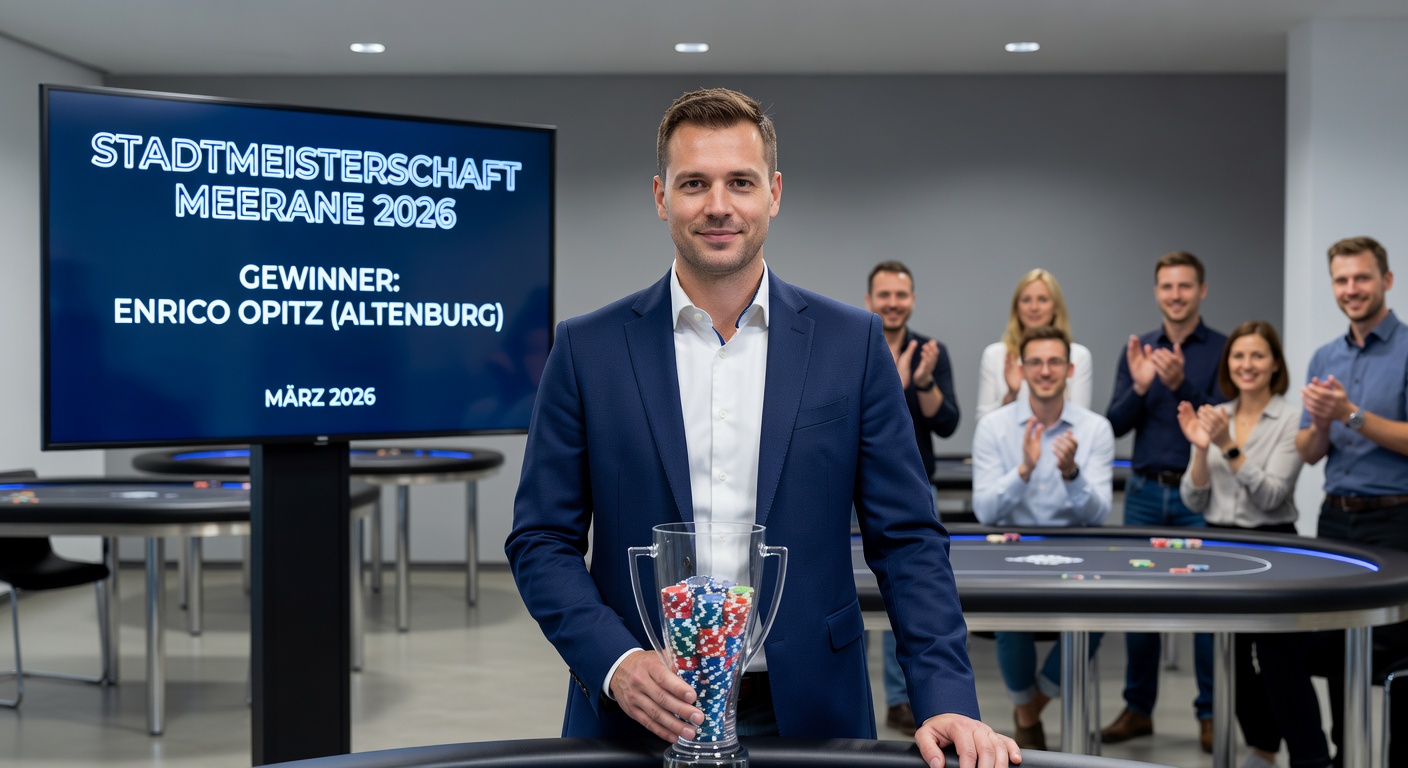 Detaillierter Blick auf den Finaltisch der Stadtmeisterschaft Meerane 2026, mit Enrico Opitz im Vordergrund während eines entscheidenden Hands