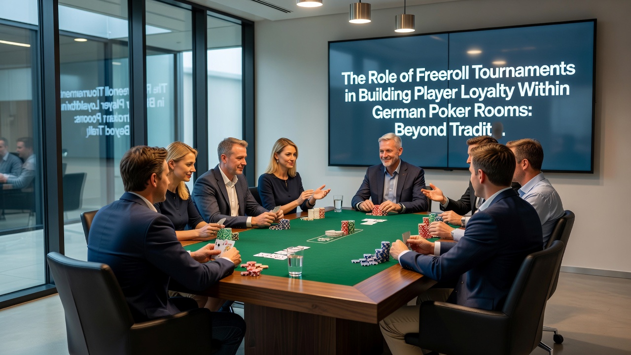 Spieler diskutieren Strategien während eines Freeroll-Turniers in einem deutschen Poker-Raum